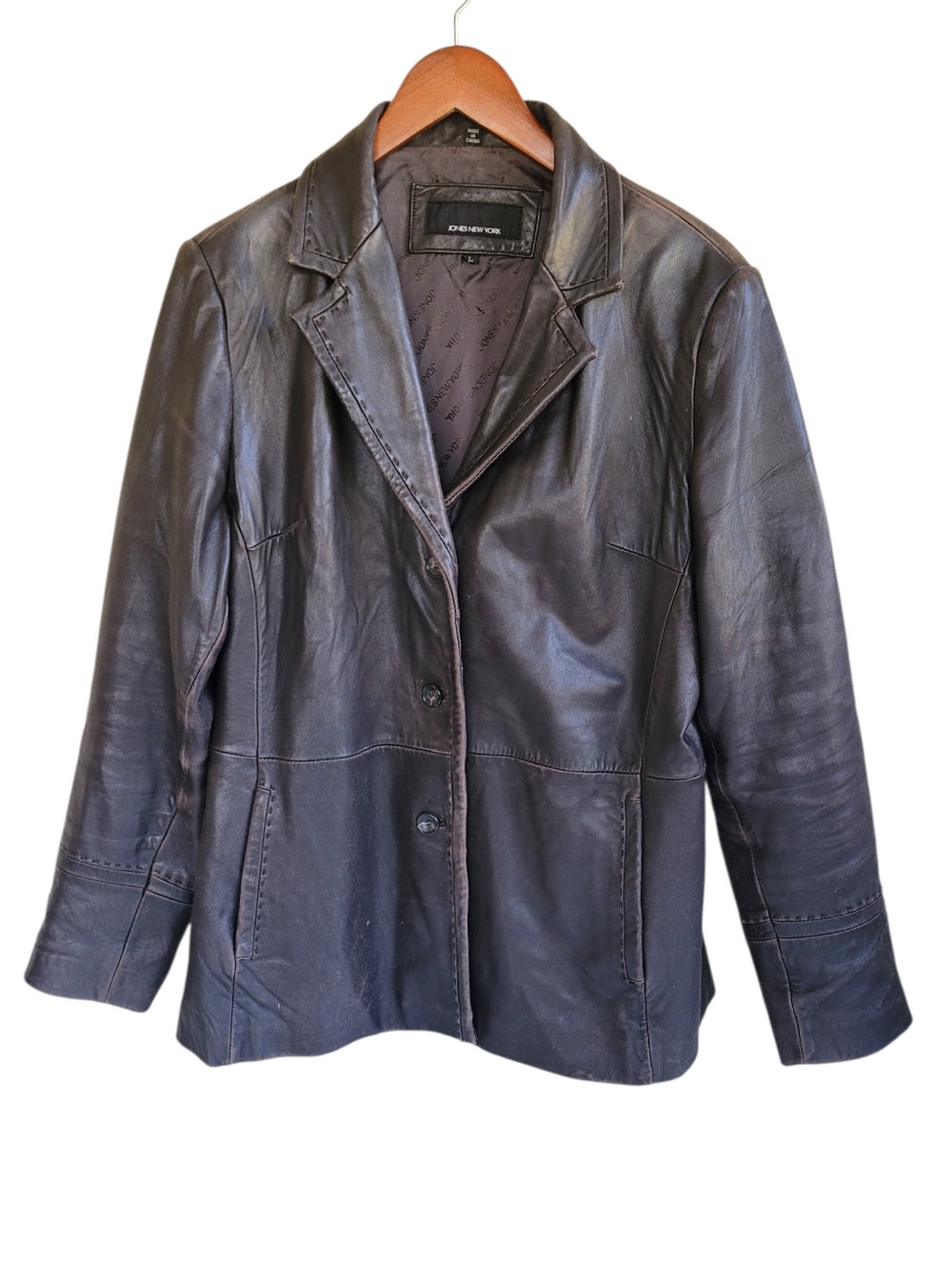 Jones New York Leather Jacket Butoon Up Chocolate Brown Womens Large